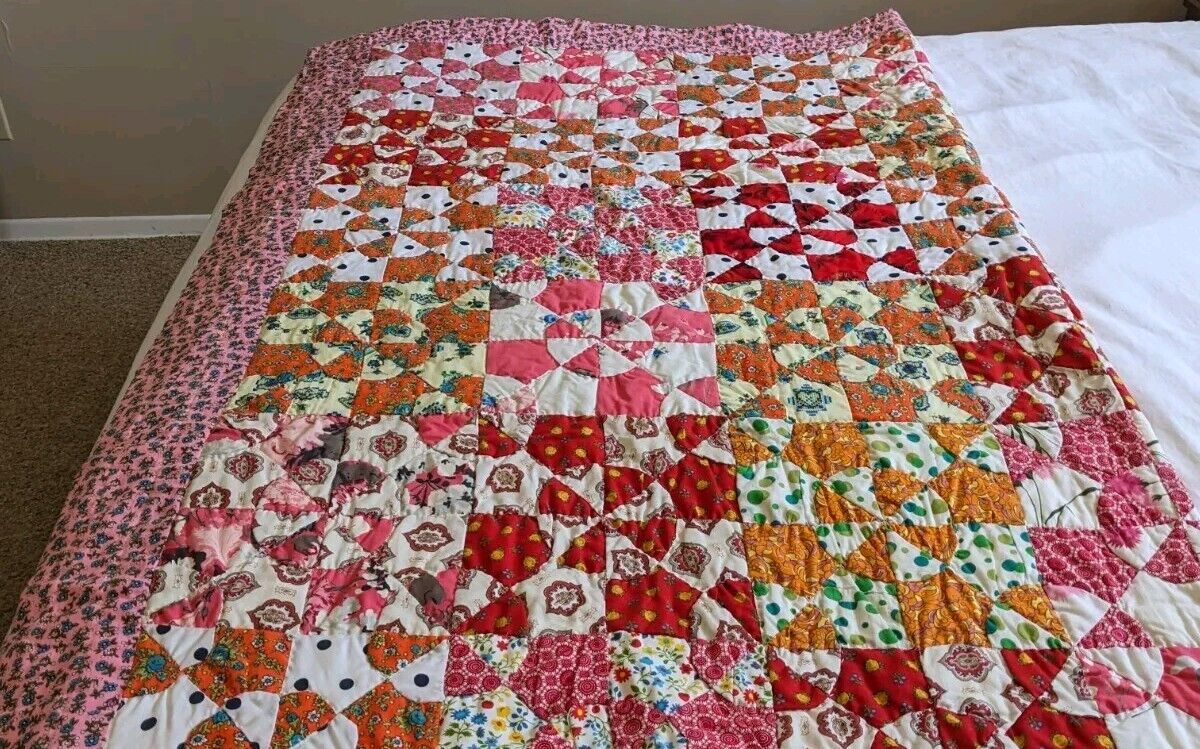 Handmade Vintage Twin Patchwork Quilt w/ 40\'s, 50\'s, 60\'s Fabric, Bright Colors