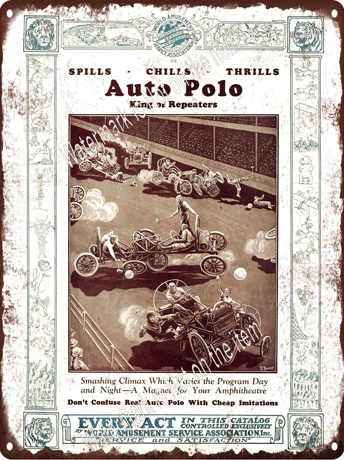 1925 Auto Car Polo Circus World Amusement Park Metal Sign 9x12\