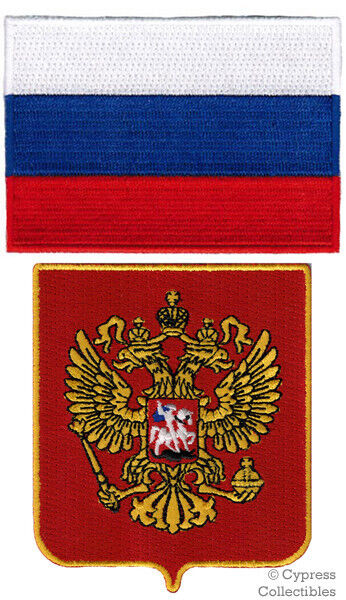 LOT of 2 RUSSIA FLAG PATCH EAGLE EMBROIDERED IRON-ON RUSSIAN COAT ARMS SHIELD