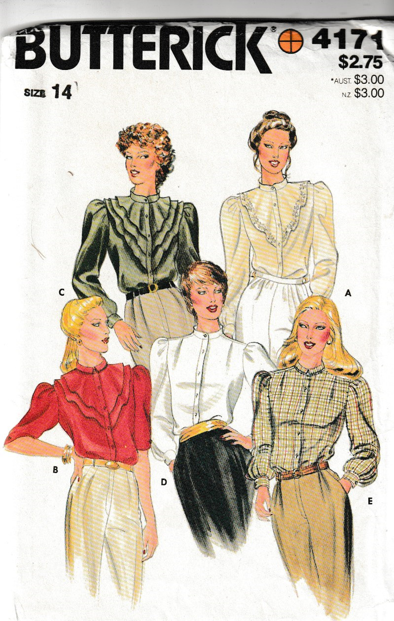 Butterick Pattern 4171 c1980s Misses Beautiful Vintage Blouses, Size 14, MINT