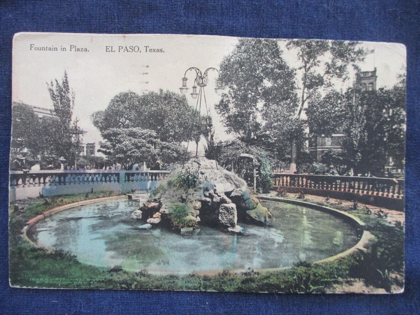 1912 El Paso Texas Fountain in Park Hand Colored Postcard
