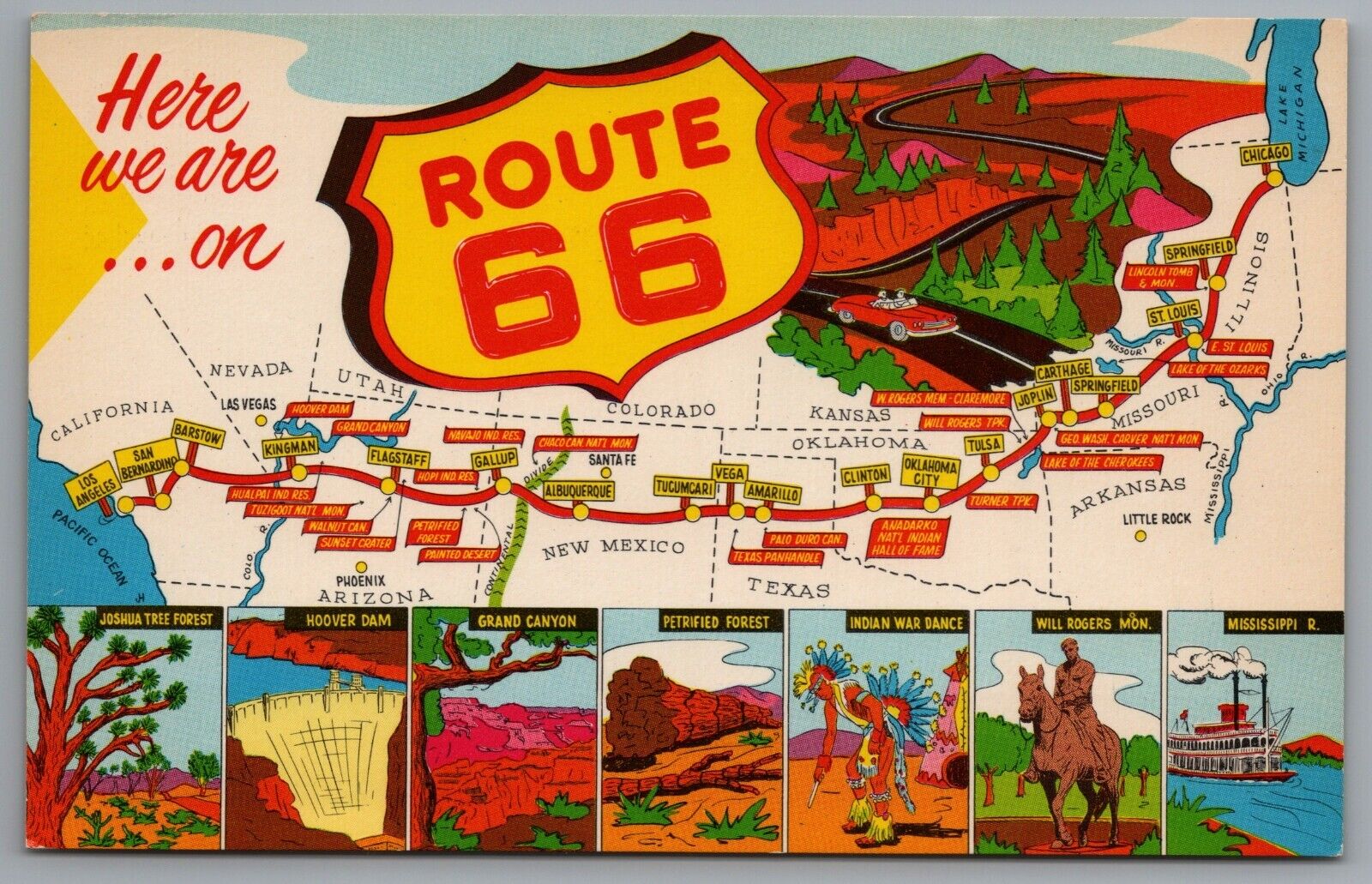 Route 66 Map Postcard Here We Are On Route 66 Main Street Of America