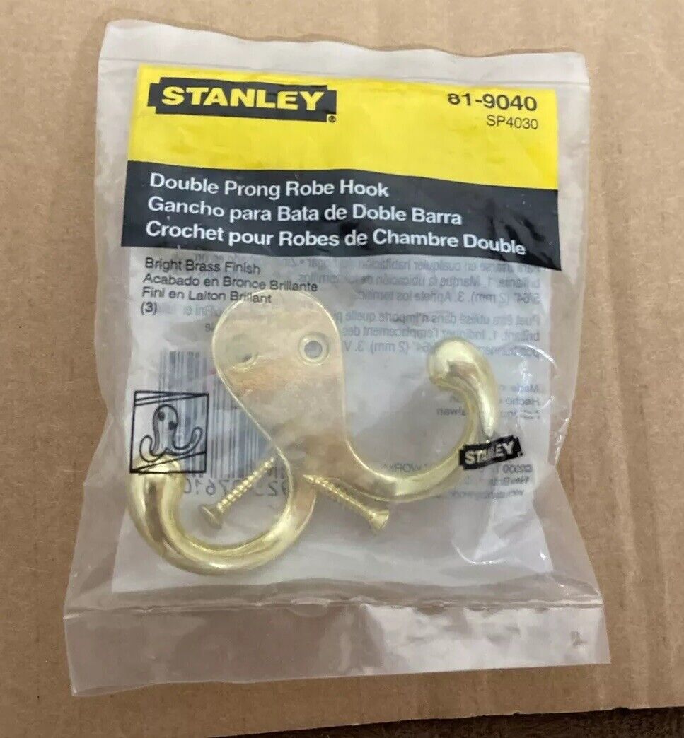 STANLEY • Double Prong Robe Hook • Bright Brass Finish • model: 81-9040 • New
