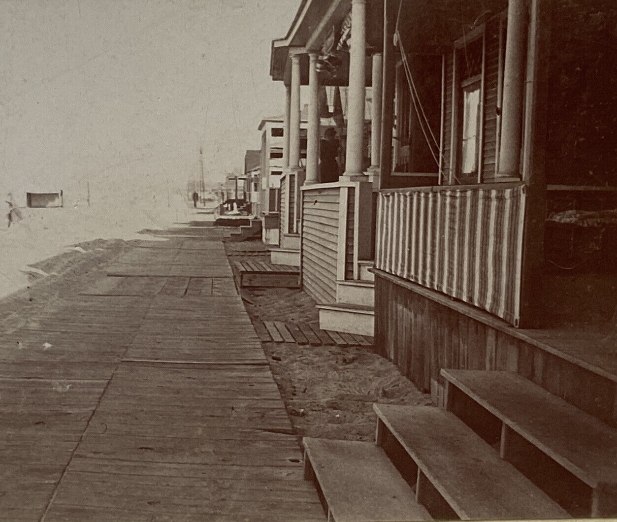 Antique Sepia Houses Card Mounted Photograph Wooden Sidewalk 5 X 3.5” Porches