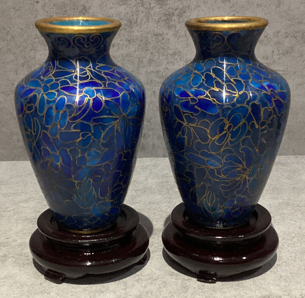 Pair Blue Vintage Chinese Cloisonné Vases with Stands