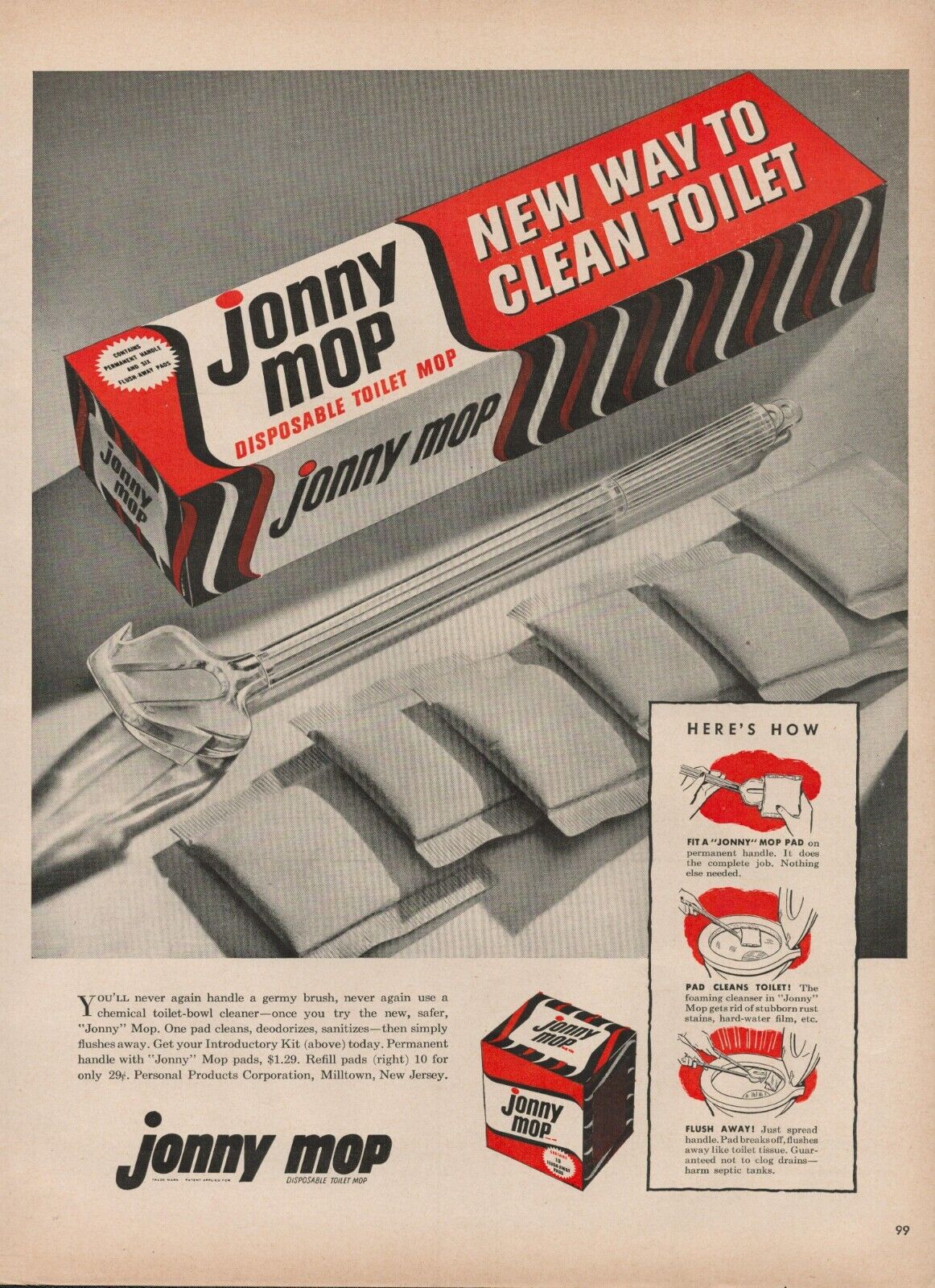 1953 Jonny Mop Clean Tool Vintage Print Ad Toilet Personal Products Corporation