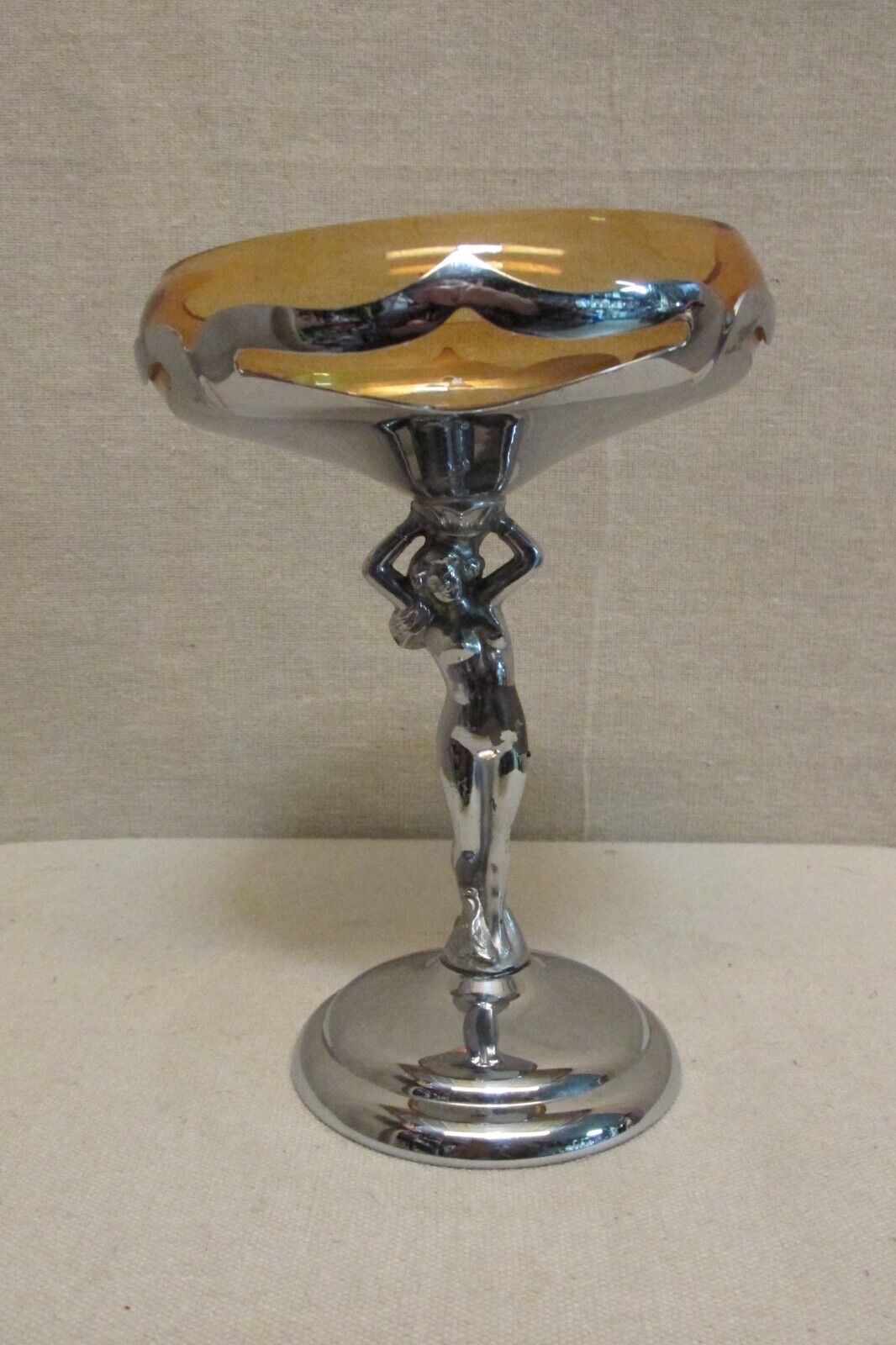 Vintage Farber Bros Krome Kraft Amber Glass Compote w/Nude Stem