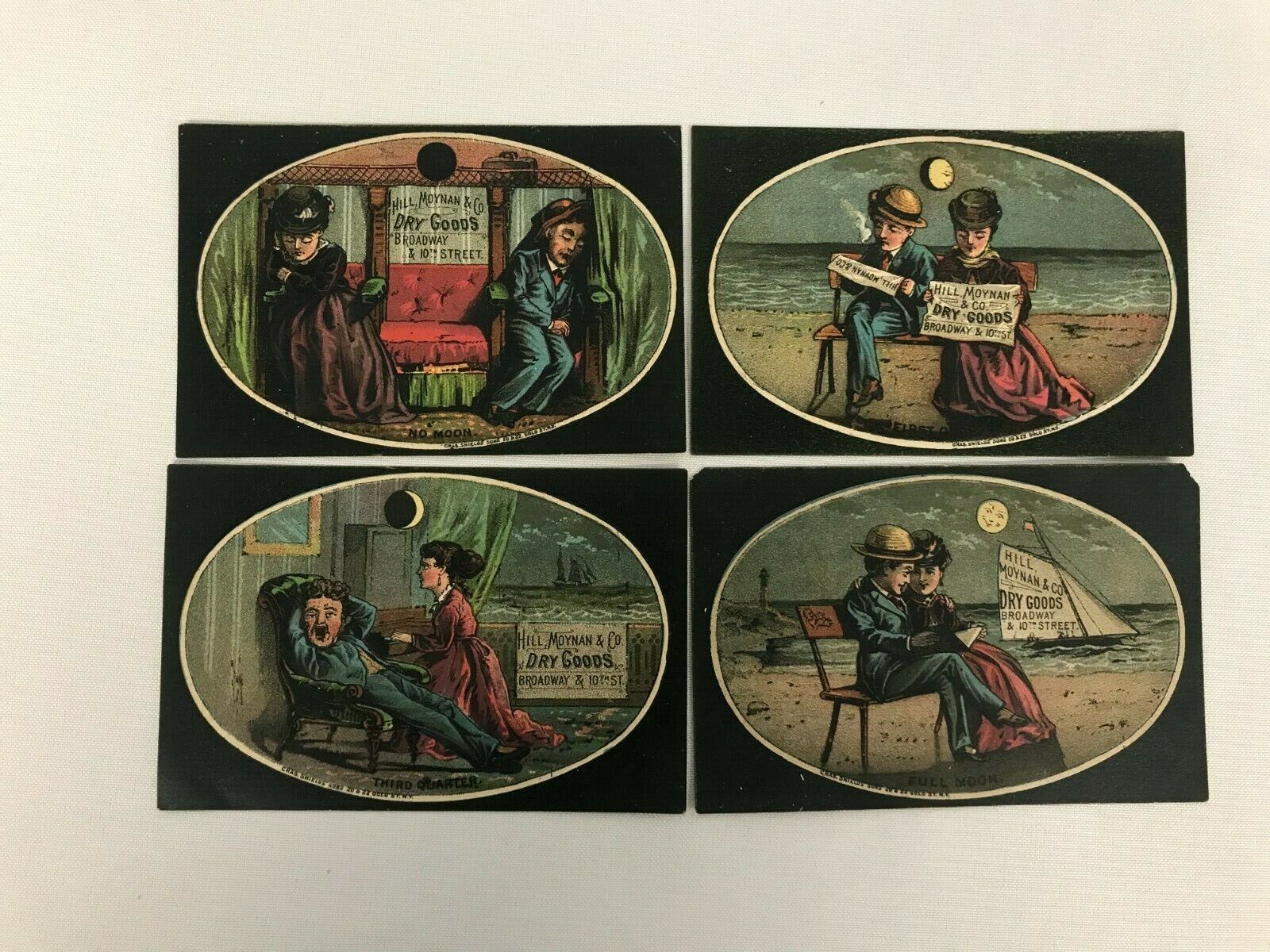 4 ANTIQUE HILL MOYNAN & CO NY DEPT STORE VICTORIAN TRADING CARDS MOONLIT SCENES