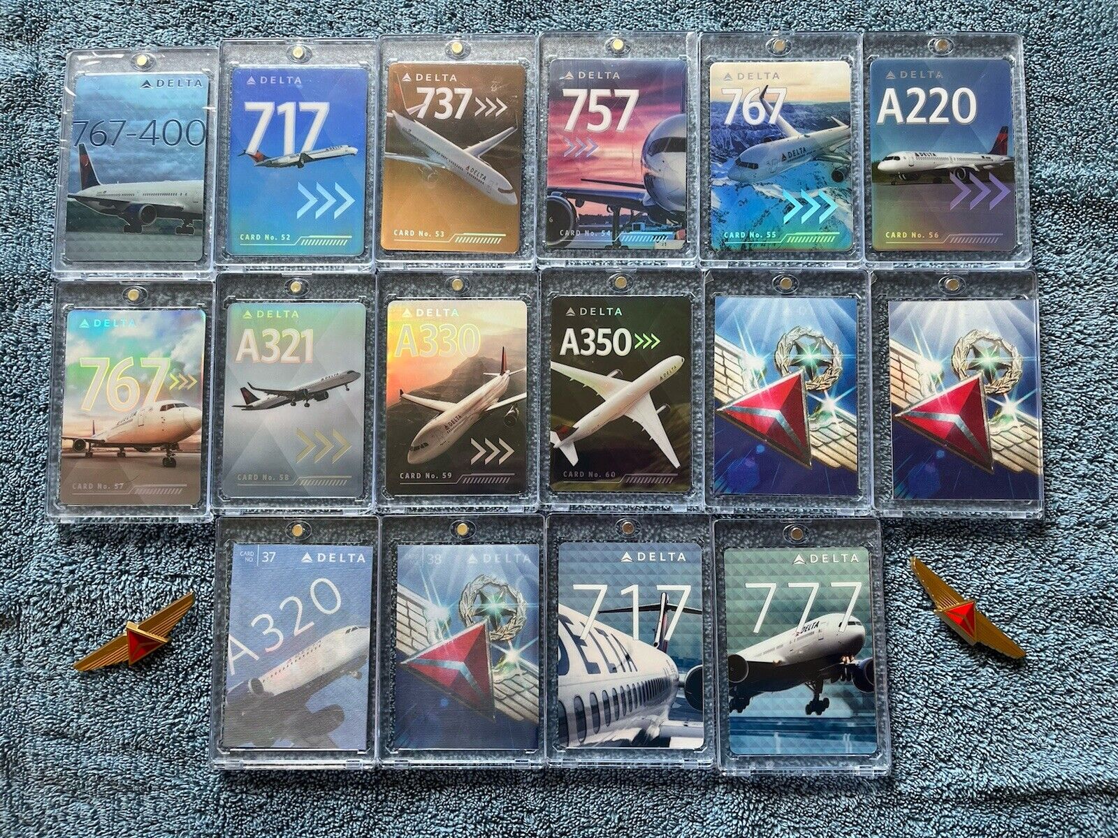 Delta Airplane Pilot Trading Cards-Set Of 16 (4-Holographic) + 2 Pairs Of Wings.