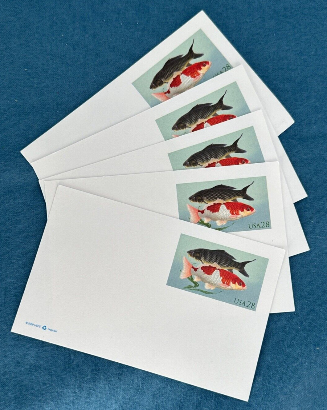 5 Blank USPS Postcards with 28 Cents postage -  Koi Fish Stamps