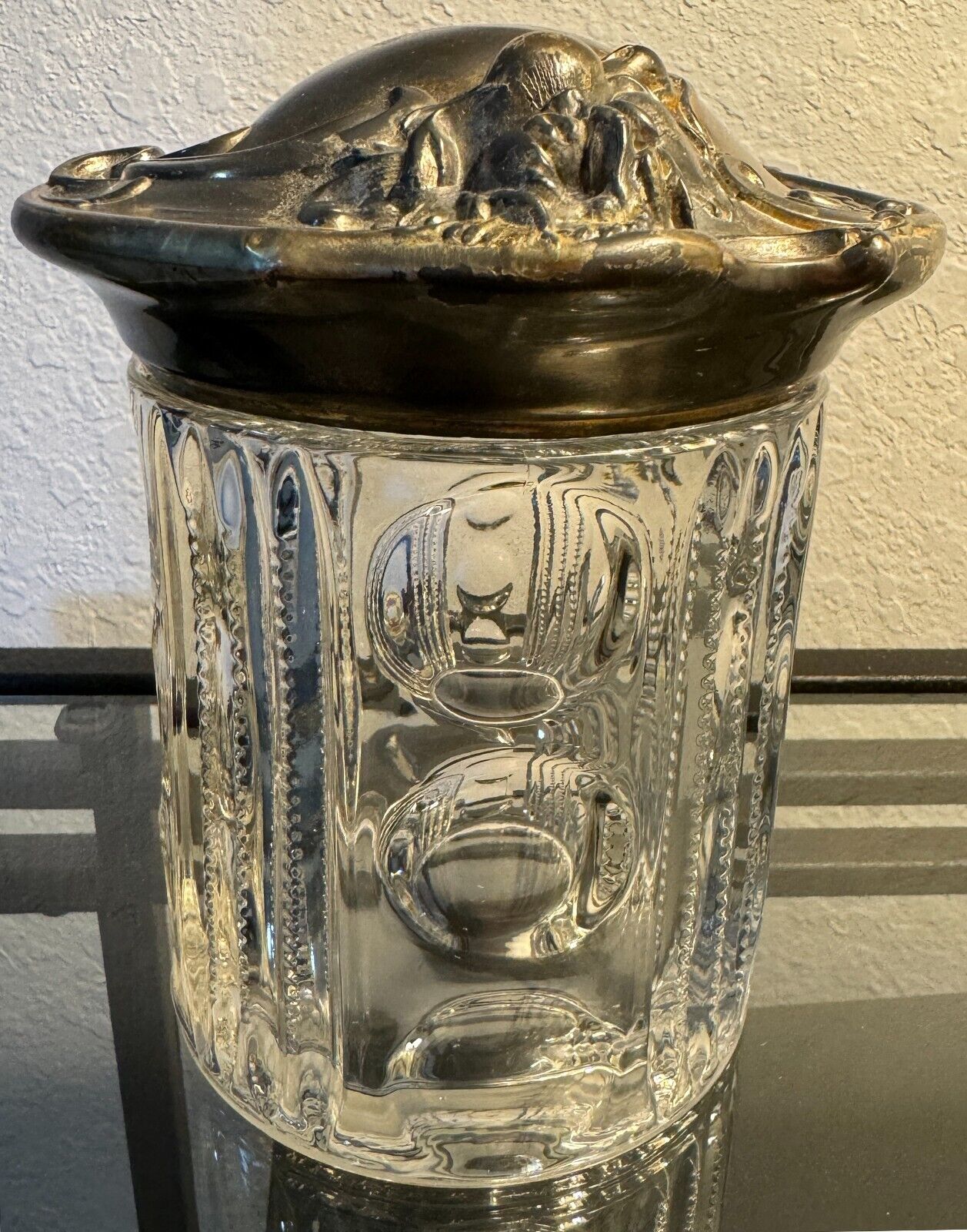 Art NOUVEAU Antique HUMIDOR Tobacco Jar Glass molded Silverplate 1900s 6\