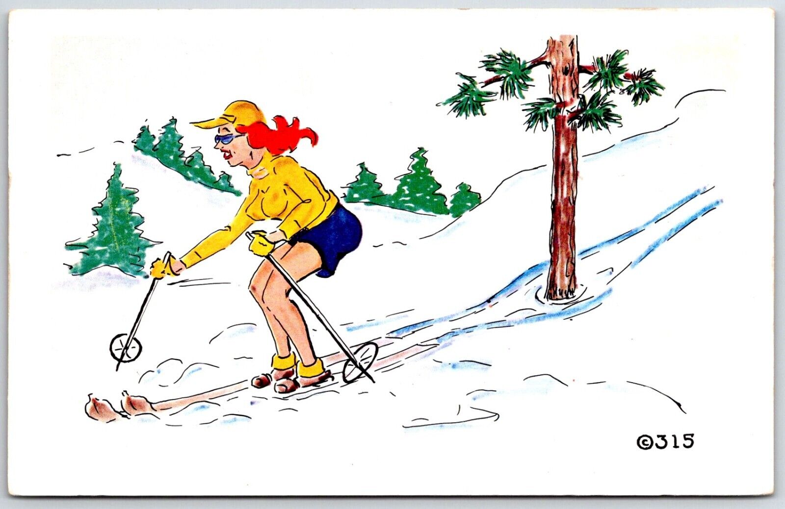 Vtg Kromekolor Comic Postcard Woman Skiing Around Tree 