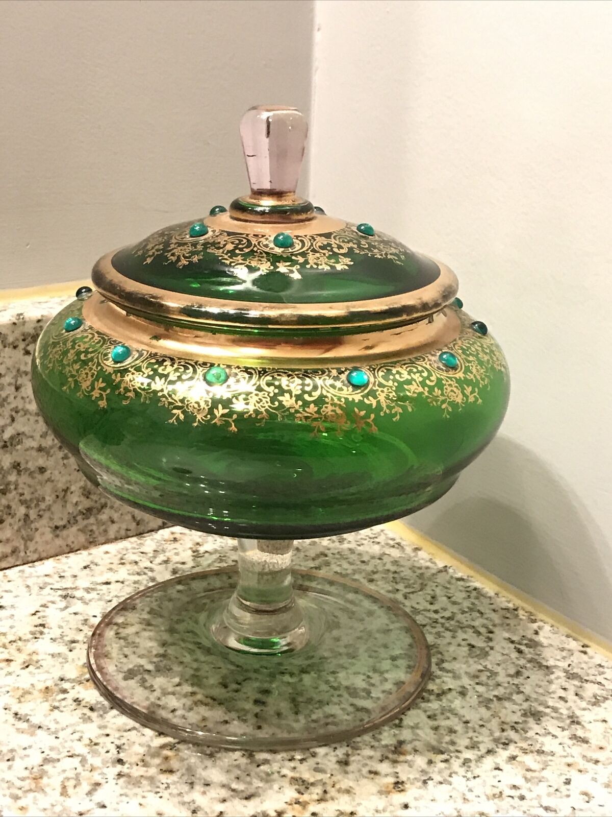 Vintage Moser Emerald Green Art Glass Apothecary Candy Jar Gold Gilt Jeweled