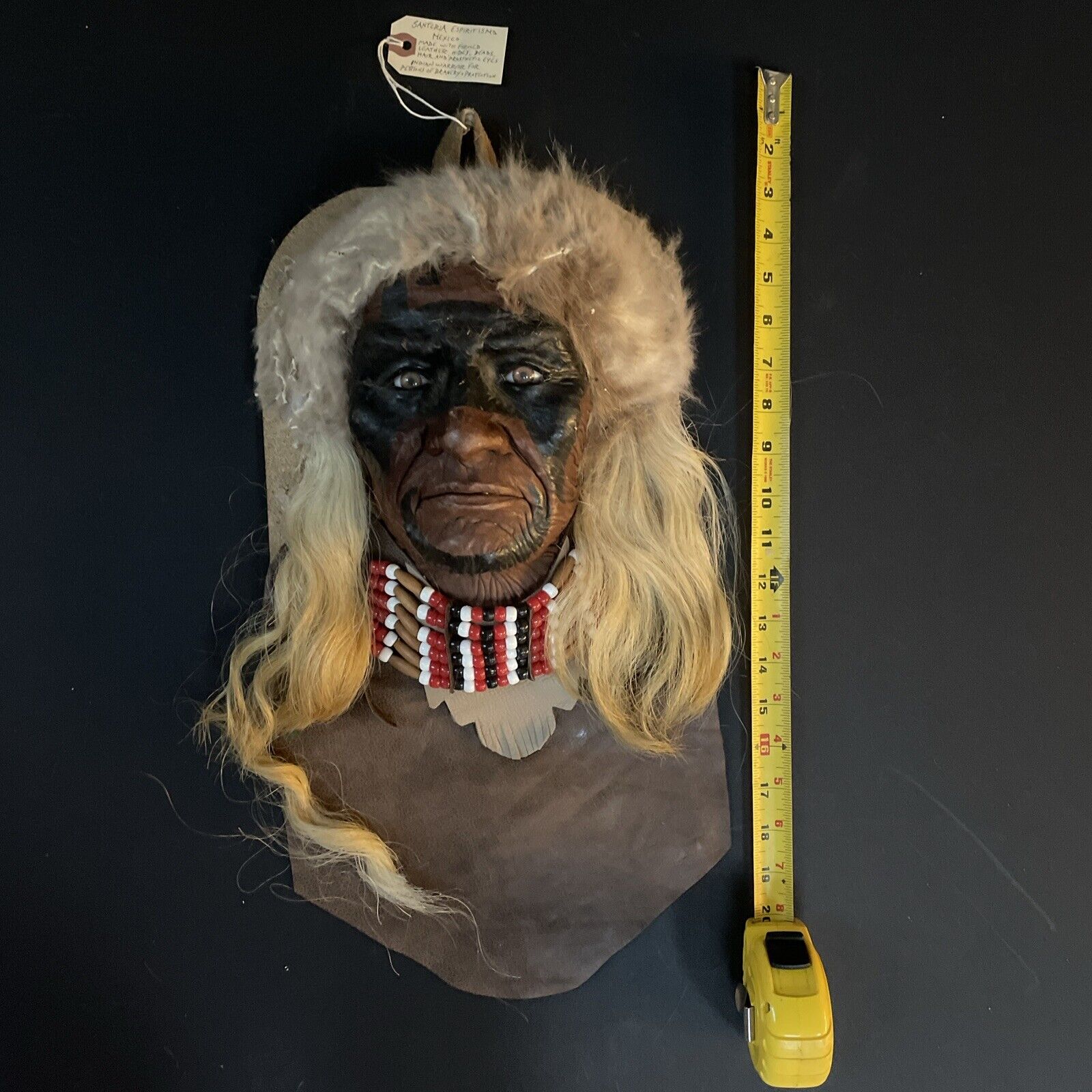 Native American Warrior Wall Plaque Handmade, Leather Beads Hair Prosthetic Eyes