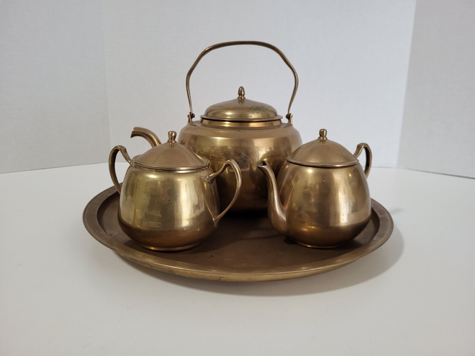 Vintage Solid Brass Coffee Tea Set - Pot, Sugar, Creamer & Tray