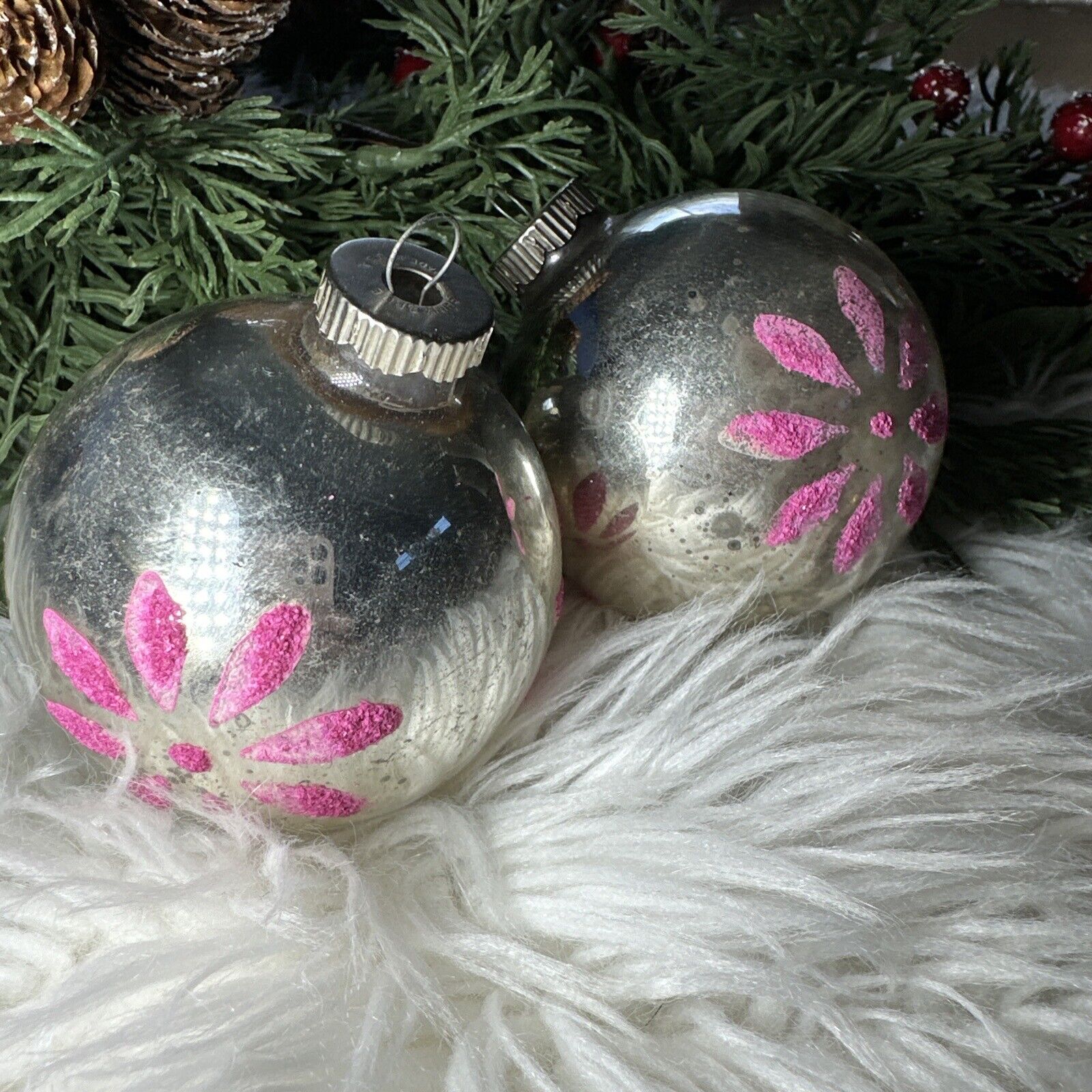 Vintage Hot Pink SHINY BRITE Christmas Ornament Stencil Mica Glitter Lot Of 2