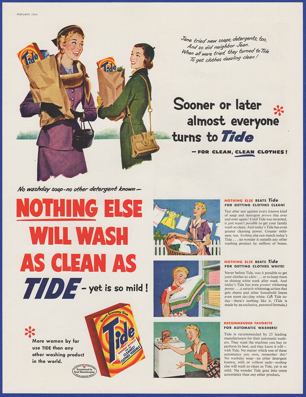 Vintage 1954 TIDE Laundry Soap Suds Nothing Else Procter Gamble 1950\'s Print Ad