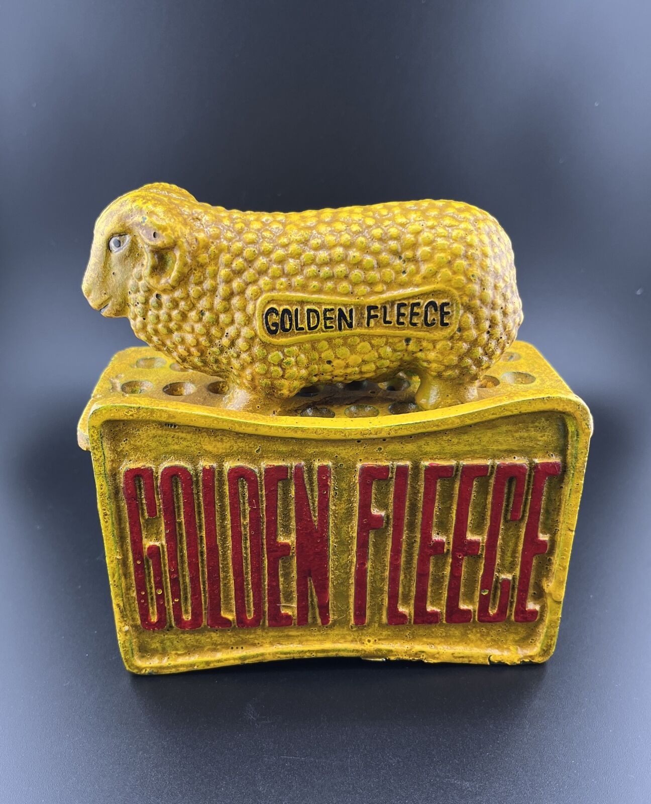 Rare Vintage Cast Iron Golden Fleece Ram Standing On Bank Labeled Golden Fleece