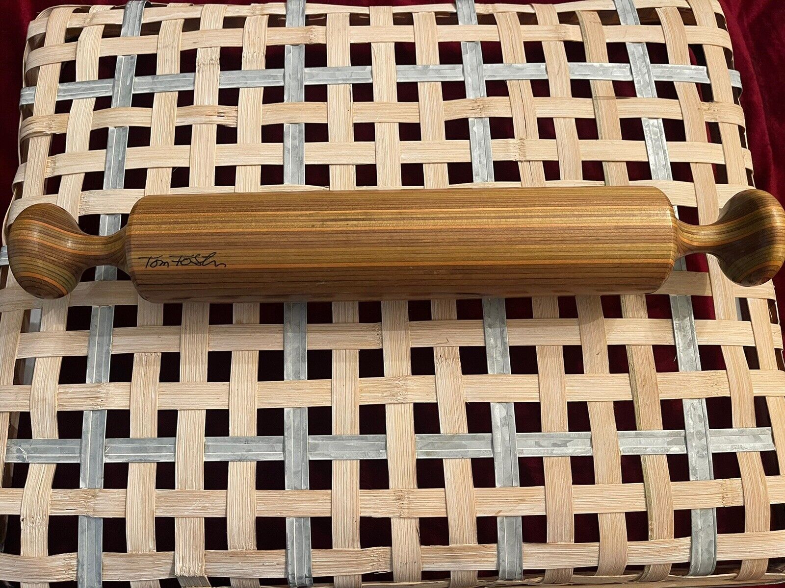 Hand Turned Multicolored Wood Signed Tom Foster 15.5 Inch Rolling Pin