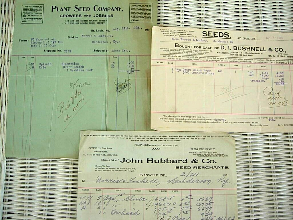 LOT OF 3 1902-05 SEED AGRICULTURE SEED BILLHEADS PLANT SEED CO., JOHN HUBBARD CO