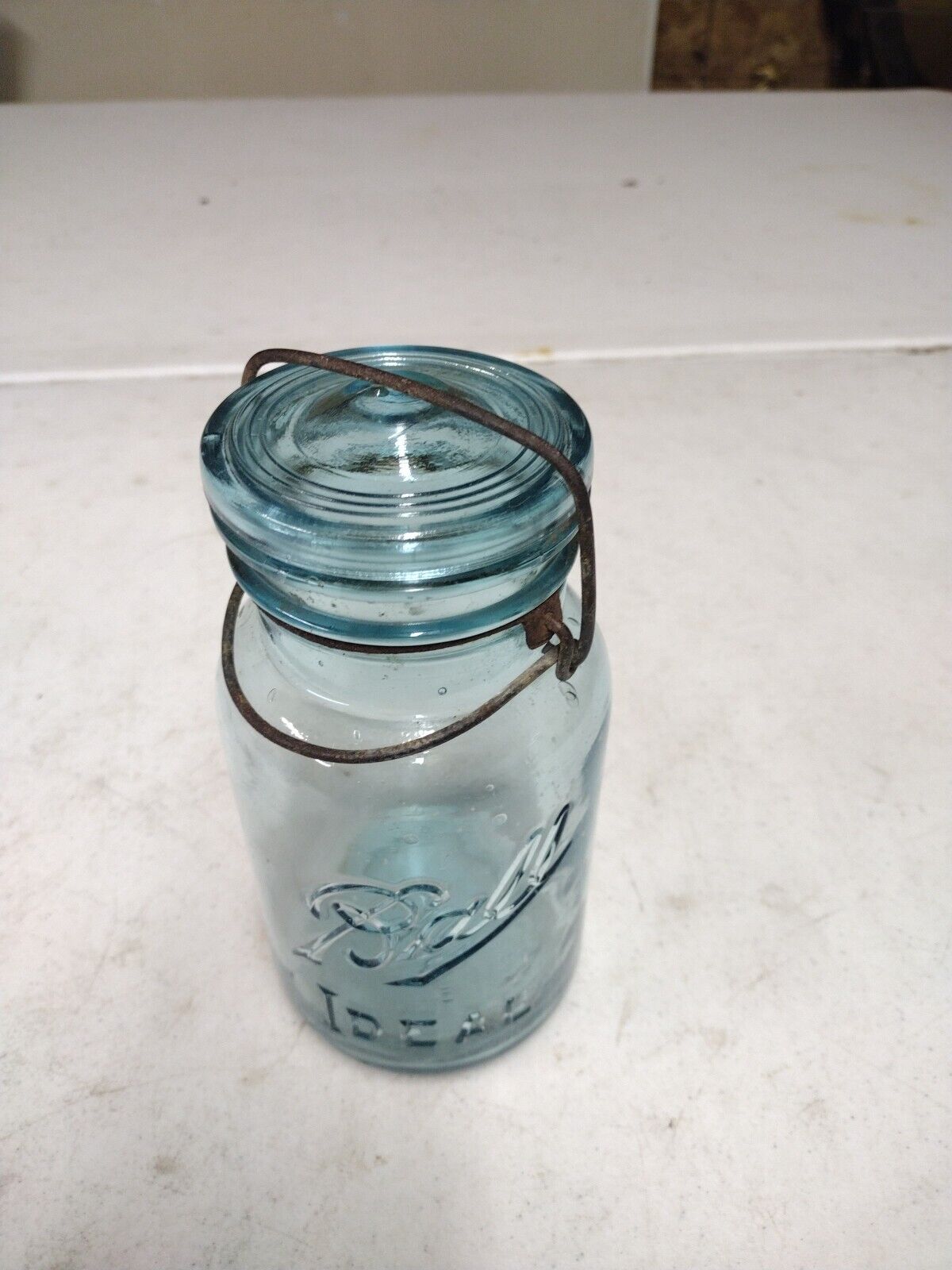 Antique Ball Ideal Wire Bail Lidded Quart Size Aqua Glass Mason Jar 1915-1923