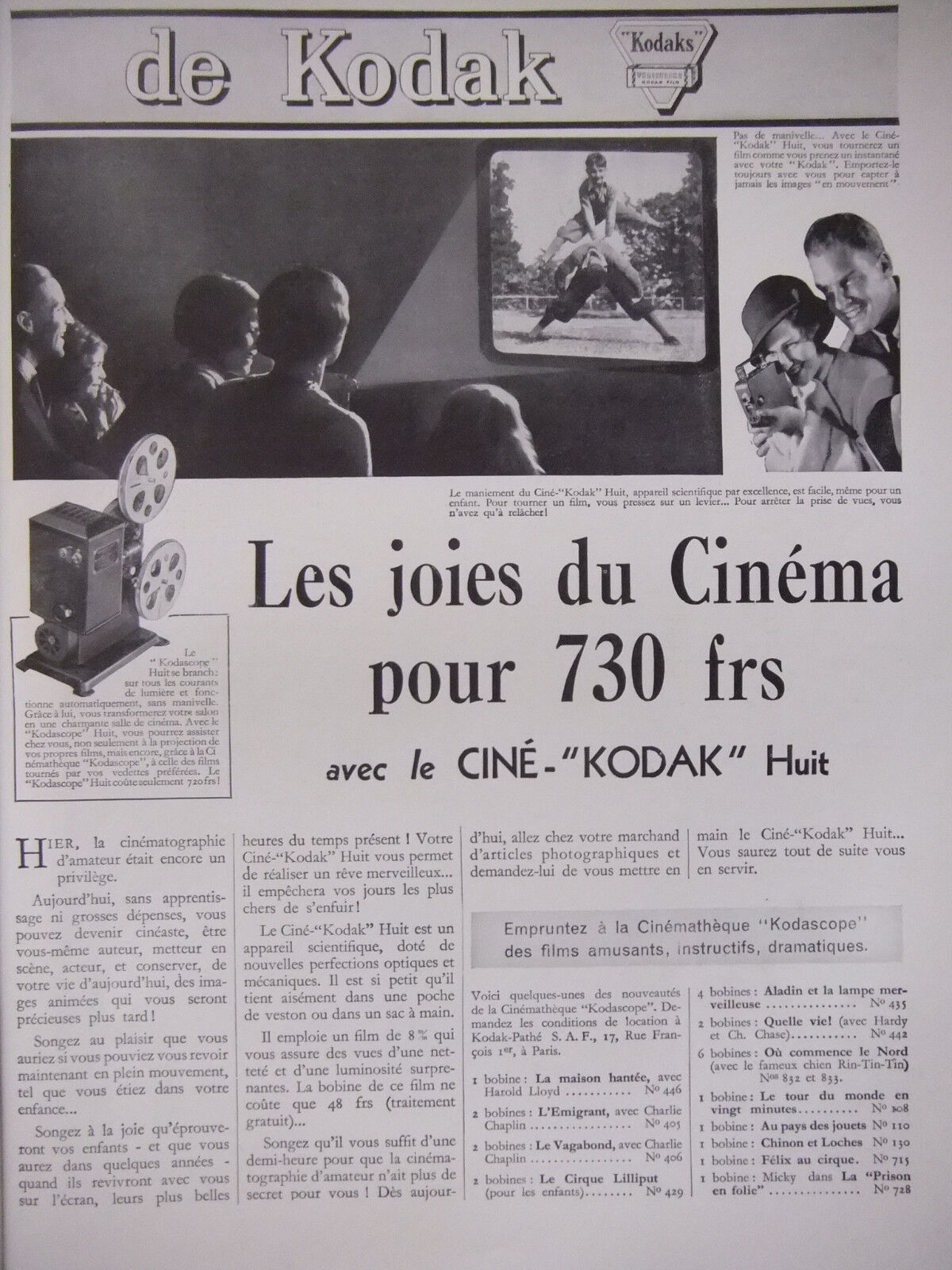  1935 KODAK JUNIOR SIX-20 VERICHROME 28° CINEMA PRESS ADVERTISEMENT - ADVERTISING