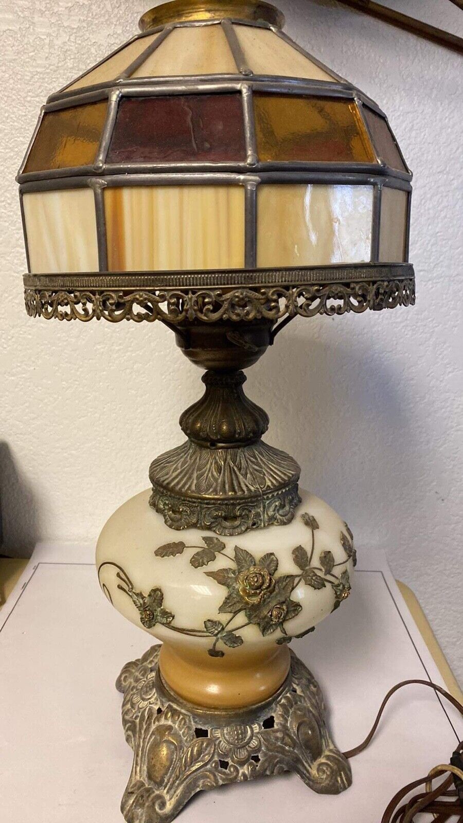   Antique Lamp Art Nouveau Style early 1900\'s Bronze Slag glass