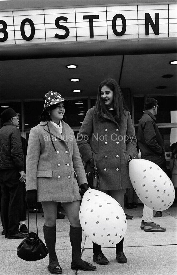 Orig 1960\'s Film NEGATIVE View of Mod Teen Girls w Balloons Under Boston Sign MA