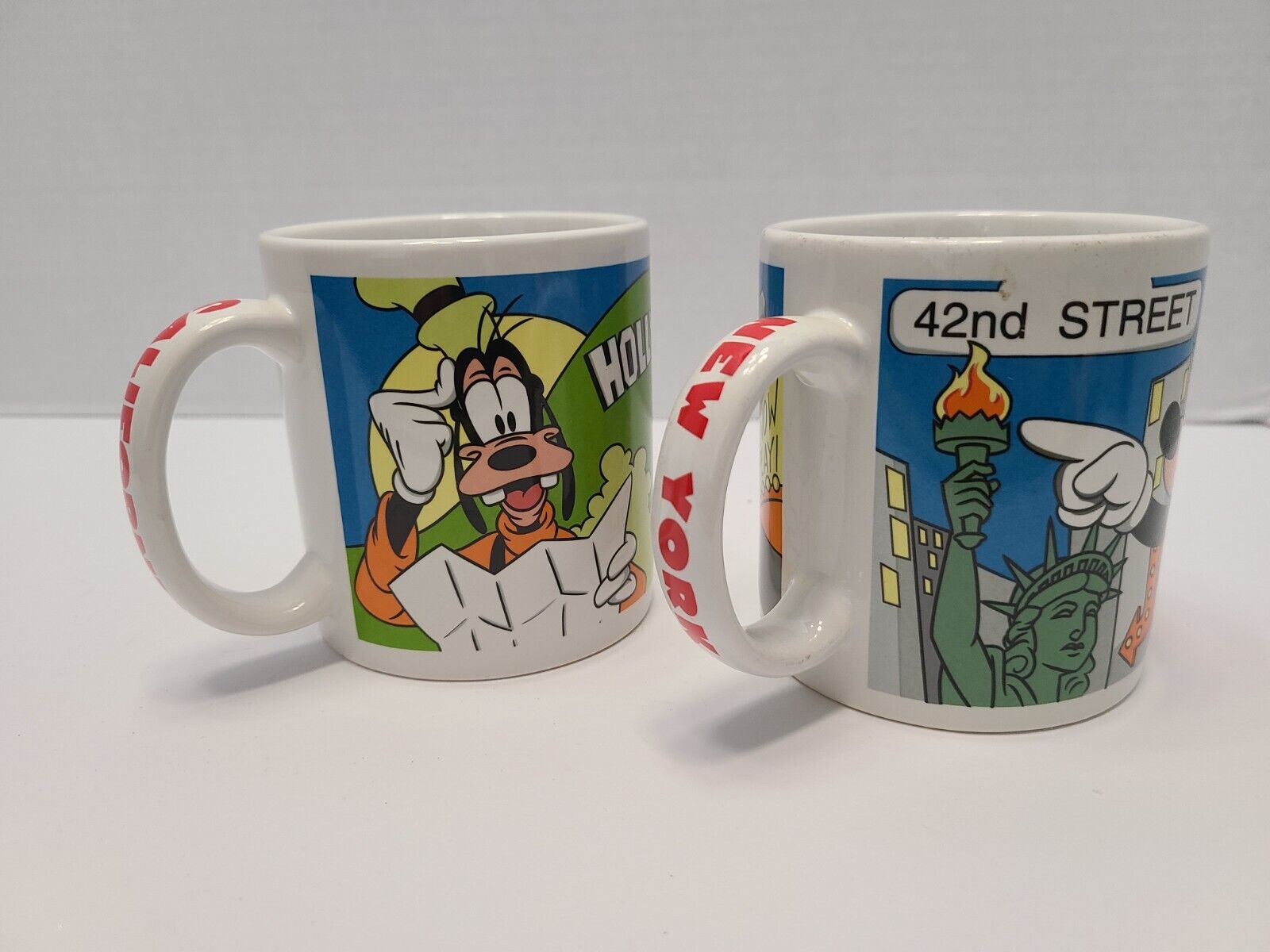 VINTAGE Walt Disney Coffee Cup Mug Mickey Goofy California New York Set~2