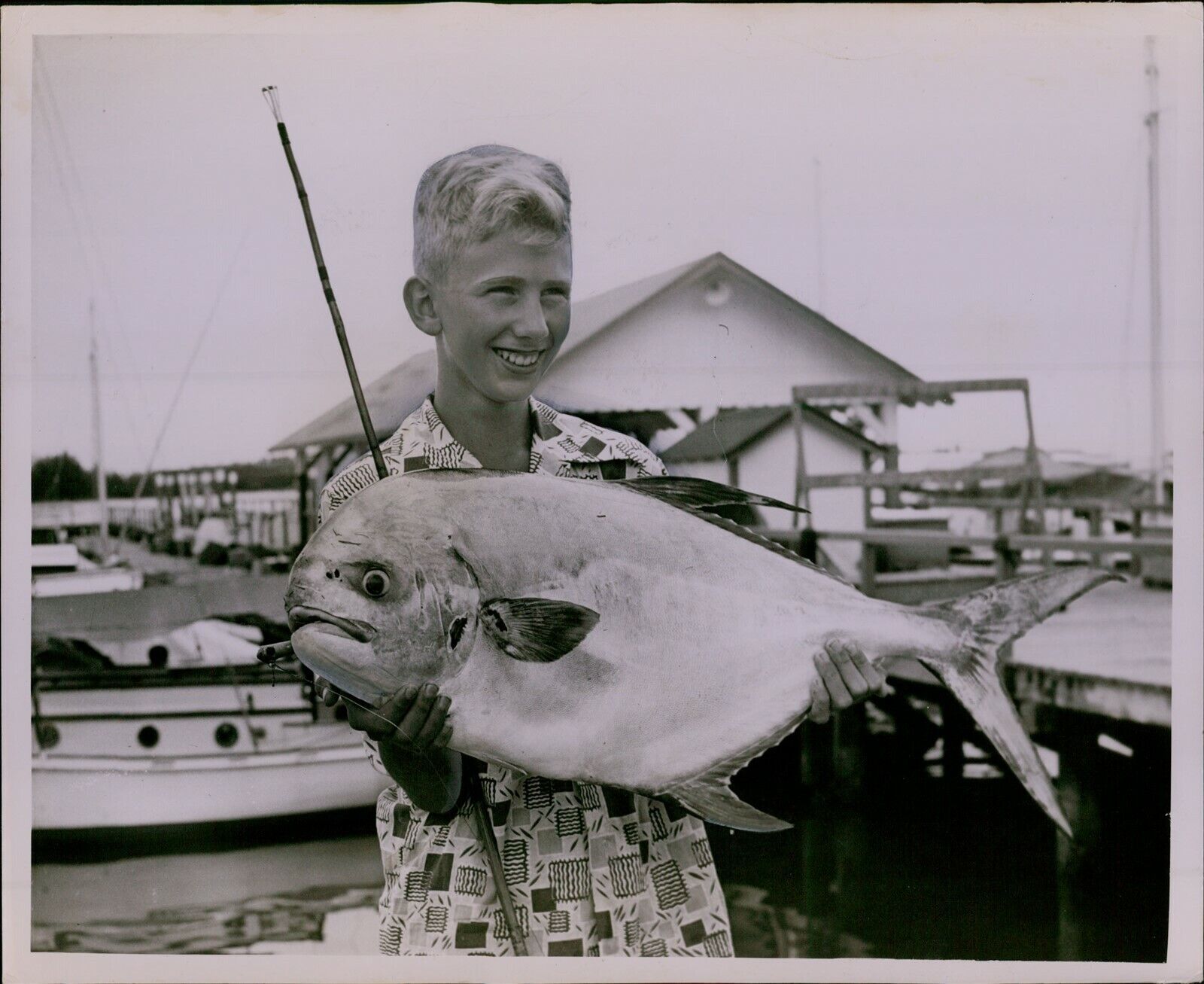 LG865 Orig Photo CATCH OF THE DAY Prize Fish Big Beast Young Boy Holding Trophy