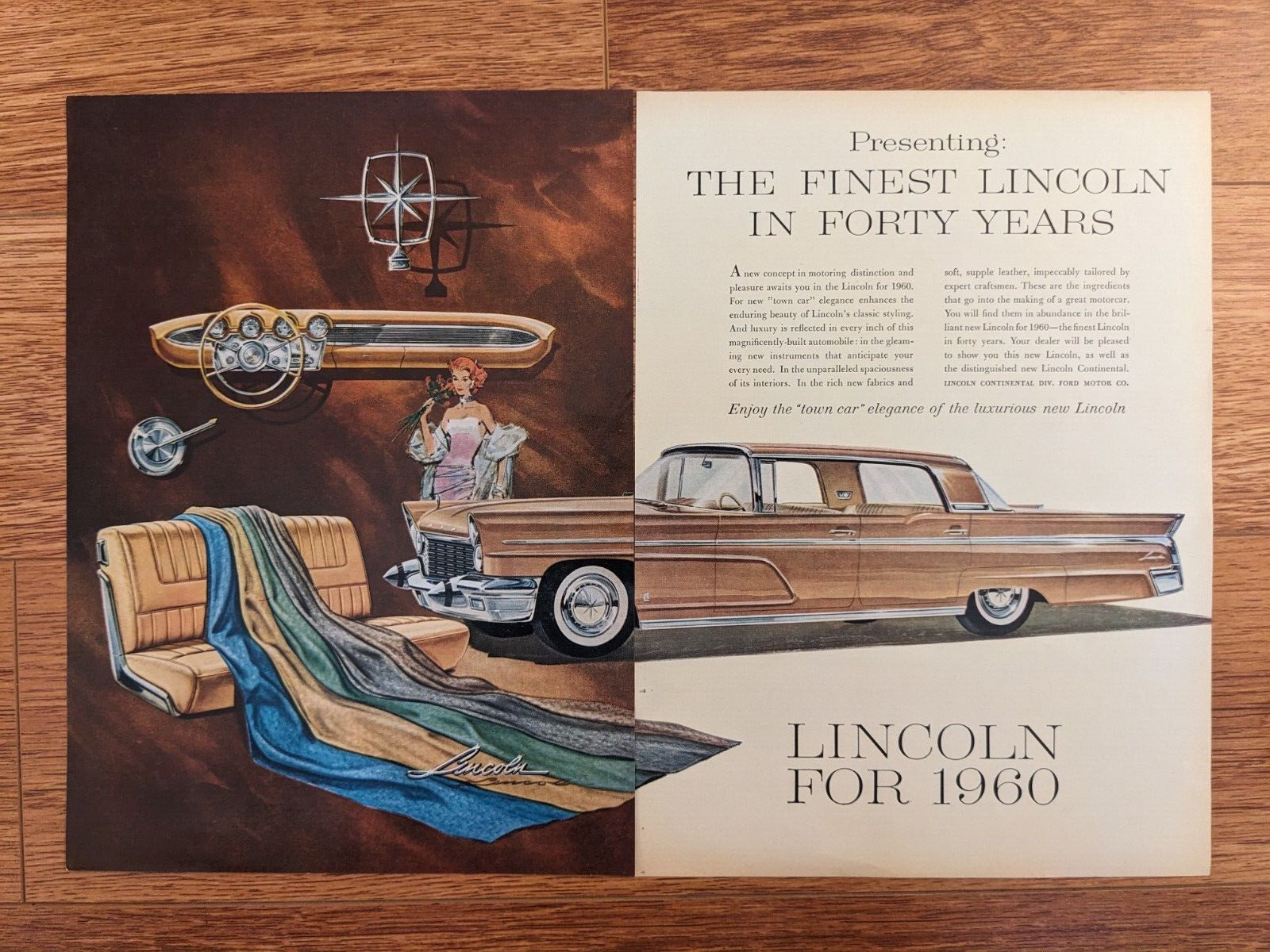 1960 Lincoln Town Car Auto  VTG Vintage Print Ad 2 page Ad Double