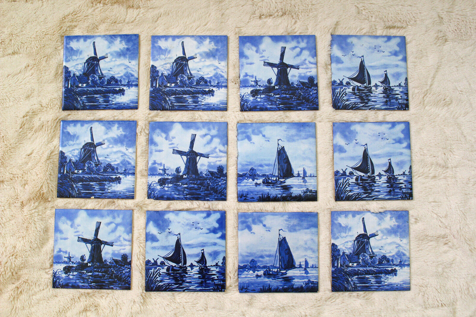 12 Blue H. & R. Johnson Windmill Waterfront Made England Ceramic Tile 4x4Holland