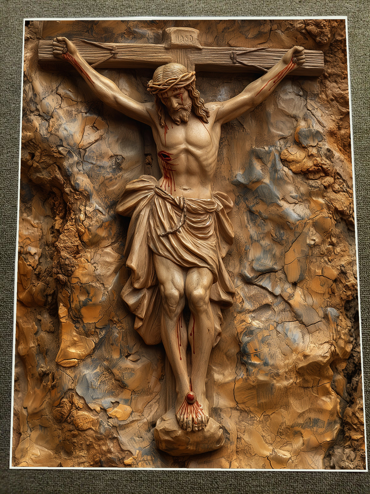 Antique Wood Jesus Crucifix on Natural Stone Wall Sculpture Poster 18x24in
