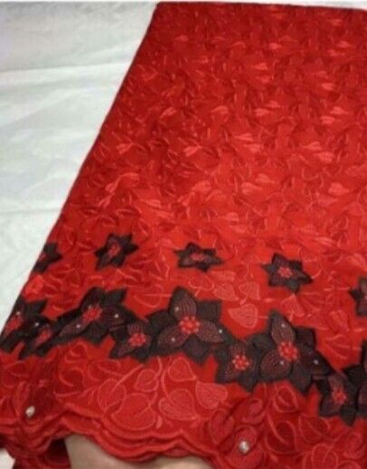 Red & Black Cotton Lace Fabric.   5yards