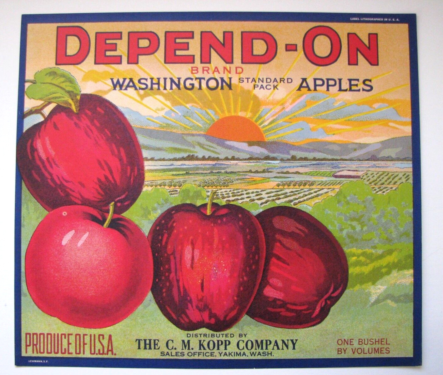 Original lithograph 1940s DEPEND-ON apple crate label C.M. Kopp Yakima WA sunset