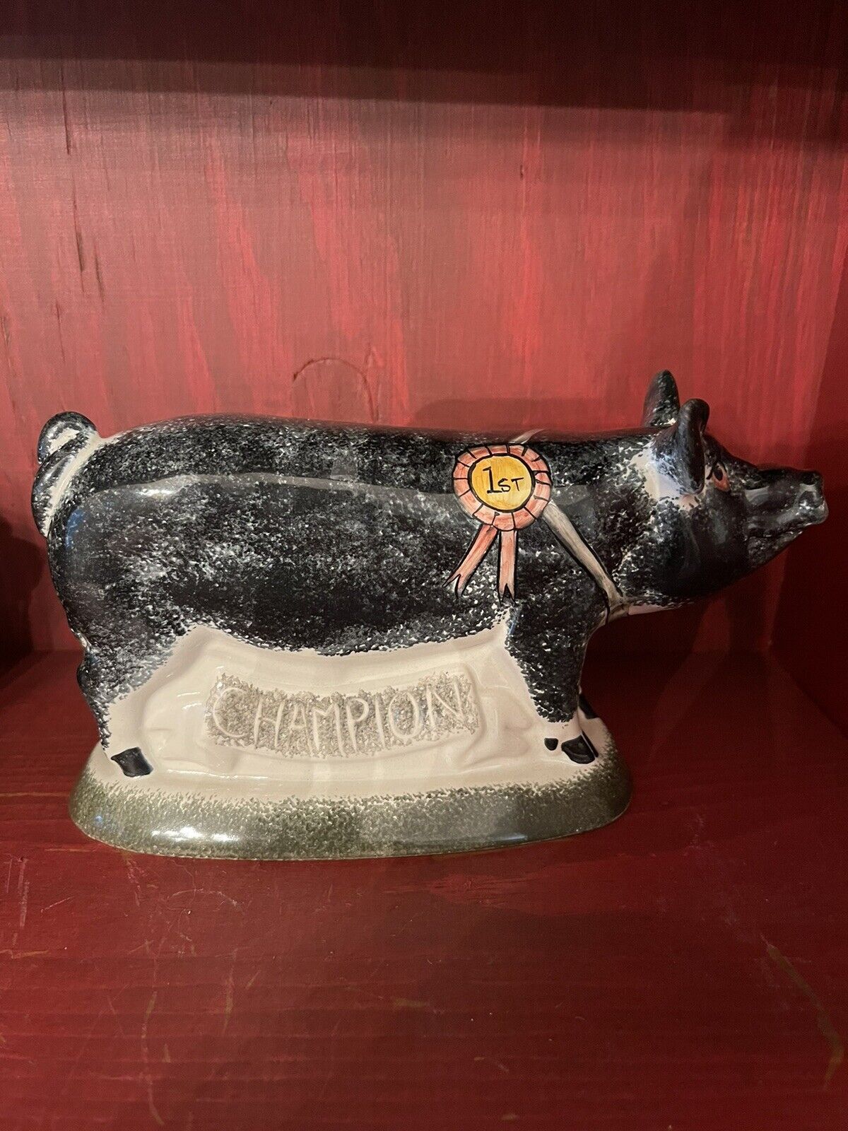 Vintage Rye Pottery Black Champion Pig 1st Place Signed  Figurine