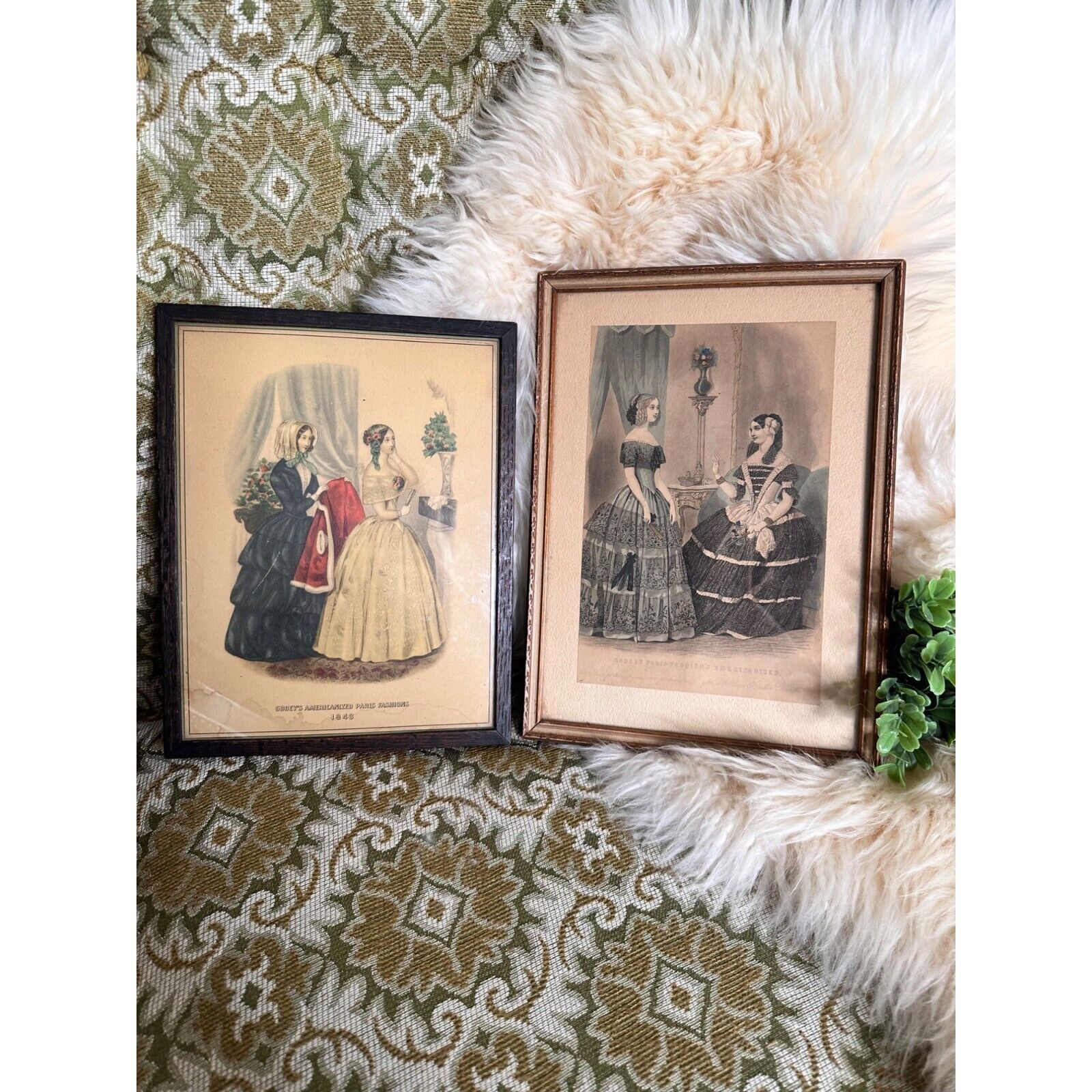 Antique French Fashion Lithograph Prints Wood Frames Pair Vintage 1800s Paris
