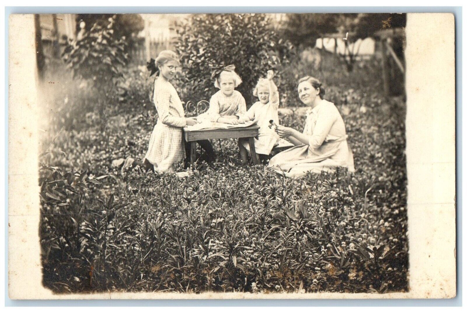 c1910's Mother And Daughters Reading Playing In Garden RPPC Photo Postcard