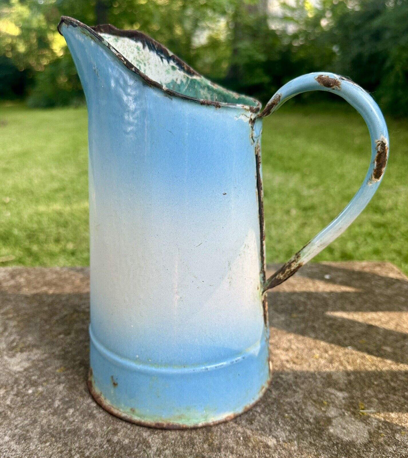 Vintage French Enamelware Pitcher Blue & Gray Gradient, Jug, Vase, Vintage Cond