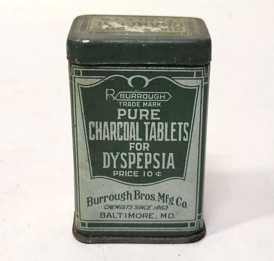 c1900 Antique Medicine Tin Burrough Bros Baltimore MD Charcoal for Dyspepsia Gas