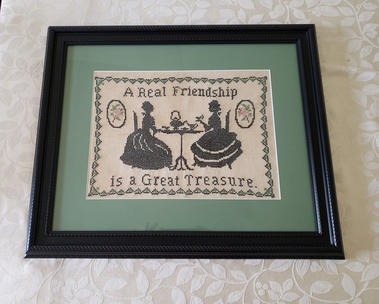 Antique Victorian Handmade Sampler Cross Stitch Ladies Friendship Tea Cup Time 