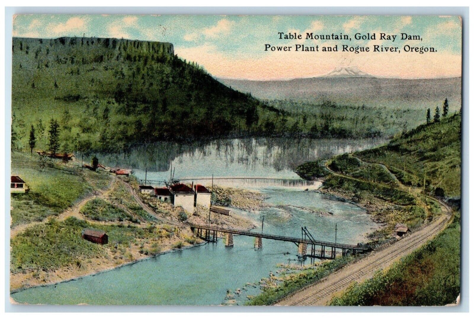 1914 Table Mountain Gold Ray Dam Power Plant Bridge Rogue River Oregon Postcard