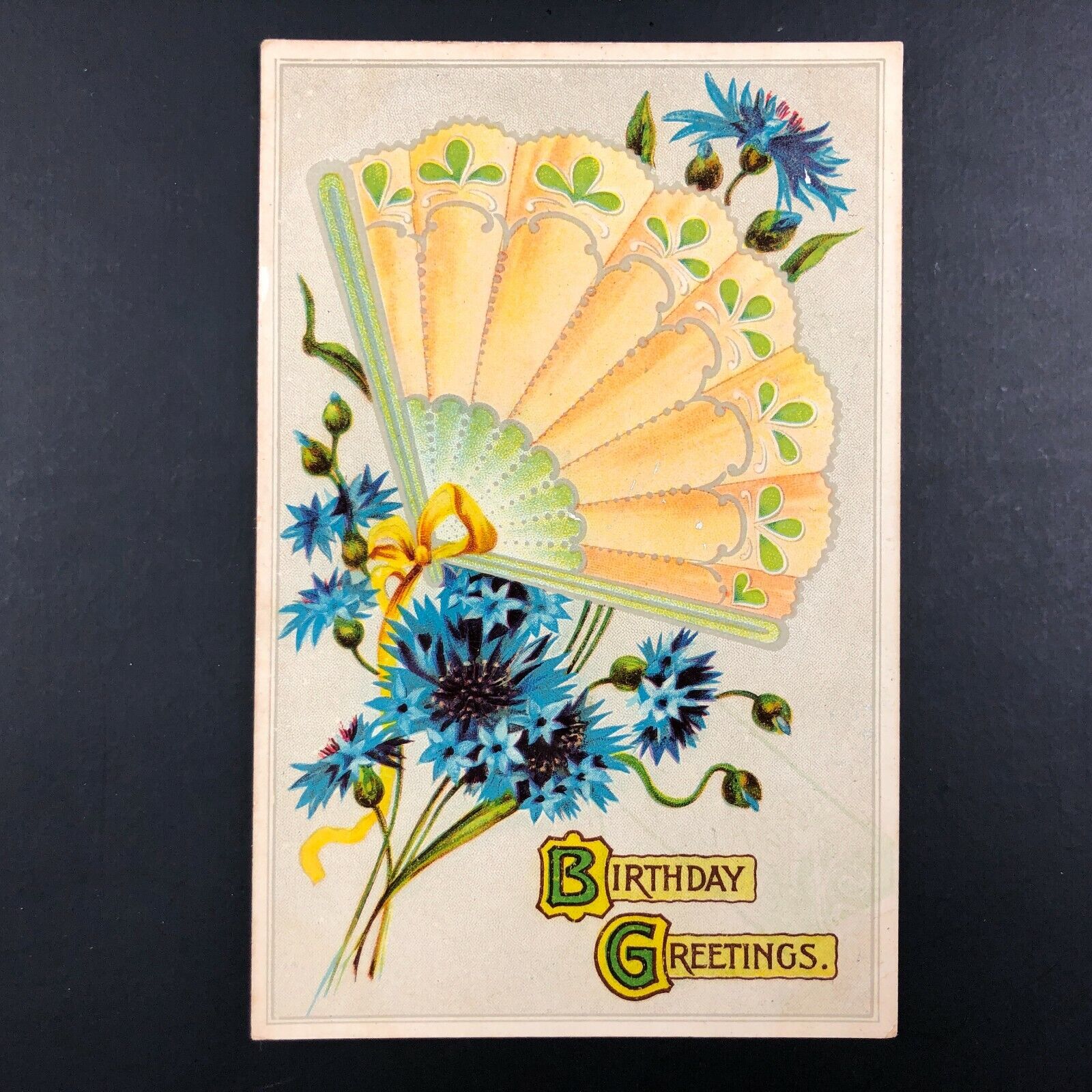 Postcard Antique Vintage Hand Fan Birthday Pretty Floral Germany Steward, IL 