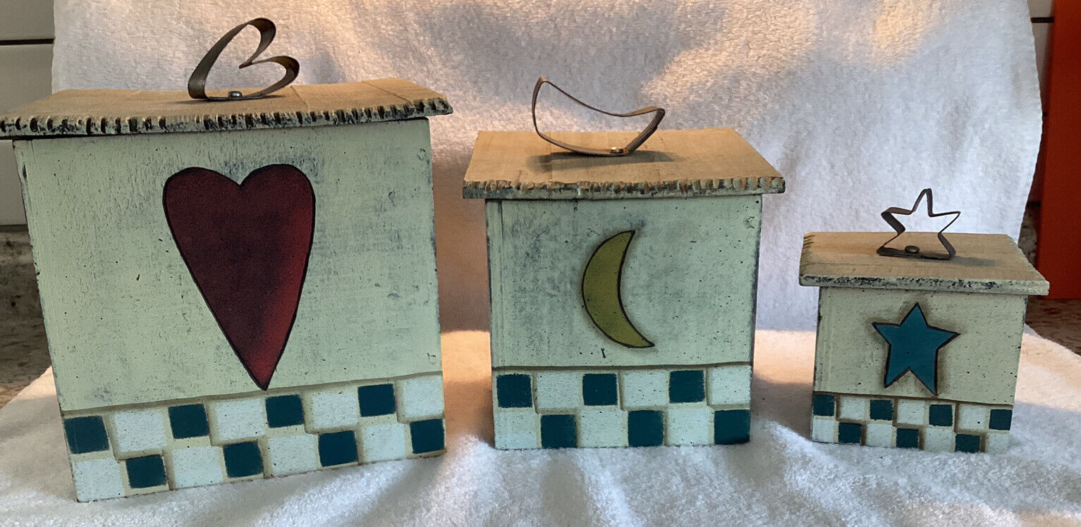 3 Folk Art Style  Wood Nesting Boxes With Metal Handles