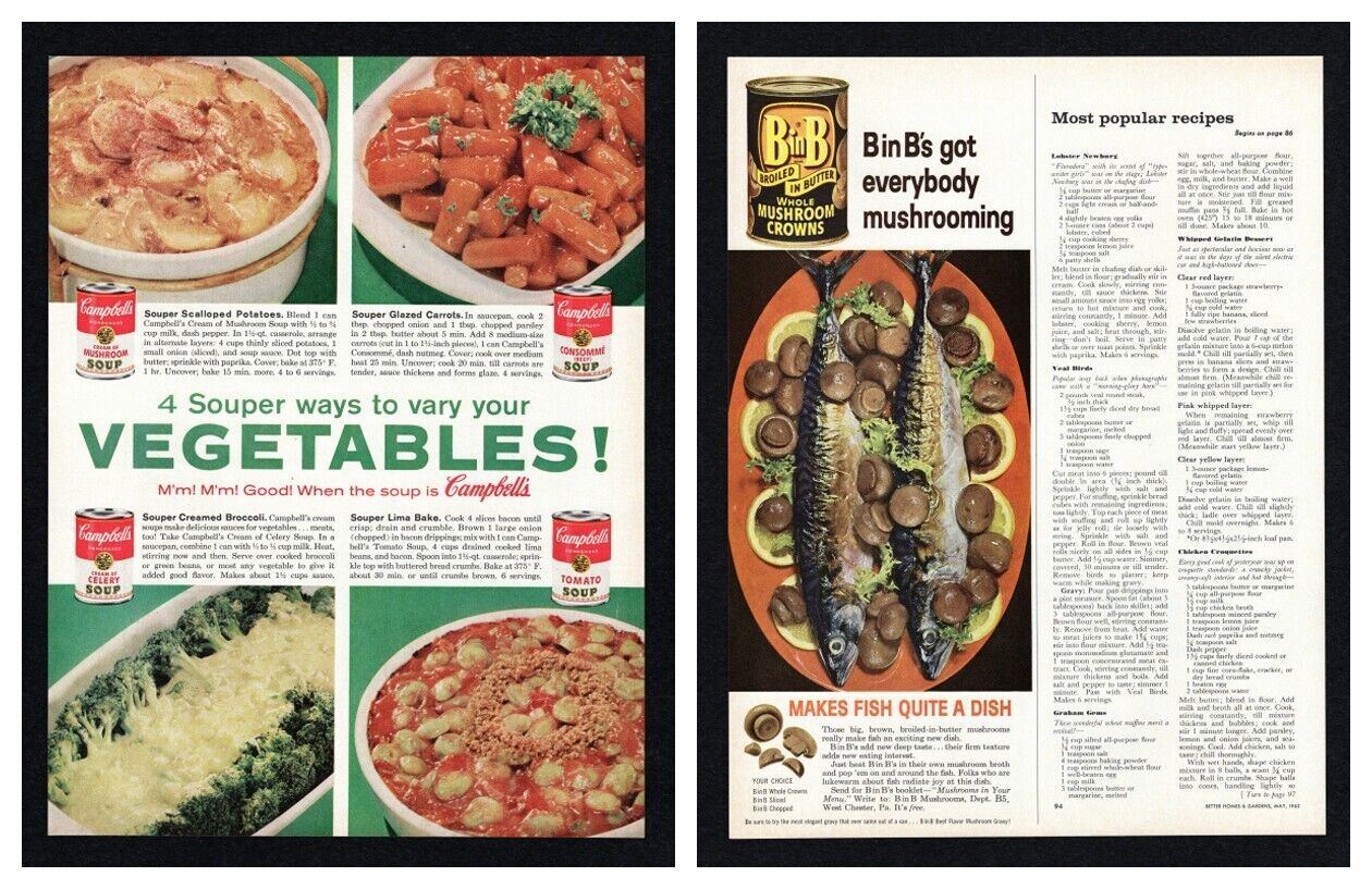 1962 Campbells Soup Souper Vegetables / BinB Mushroom Crowns Butter Print Ad Vtg