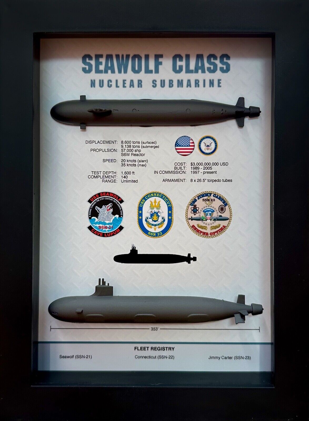 Seawolf Class Submarine Shadow Display Box, 5.75\