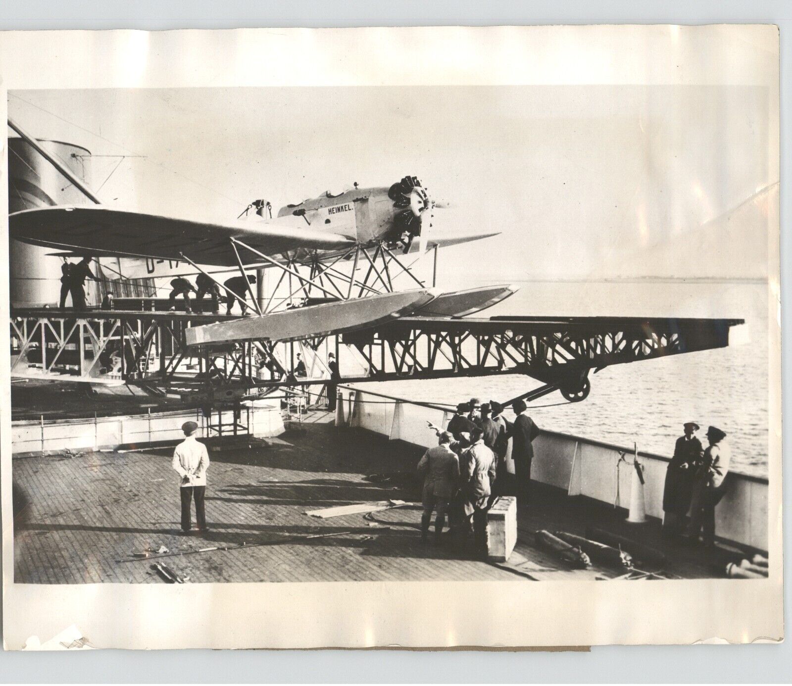 AVIATORS Launch Plane from Liner SS BREMEN New York VINTAGE 1929 Press Photo
