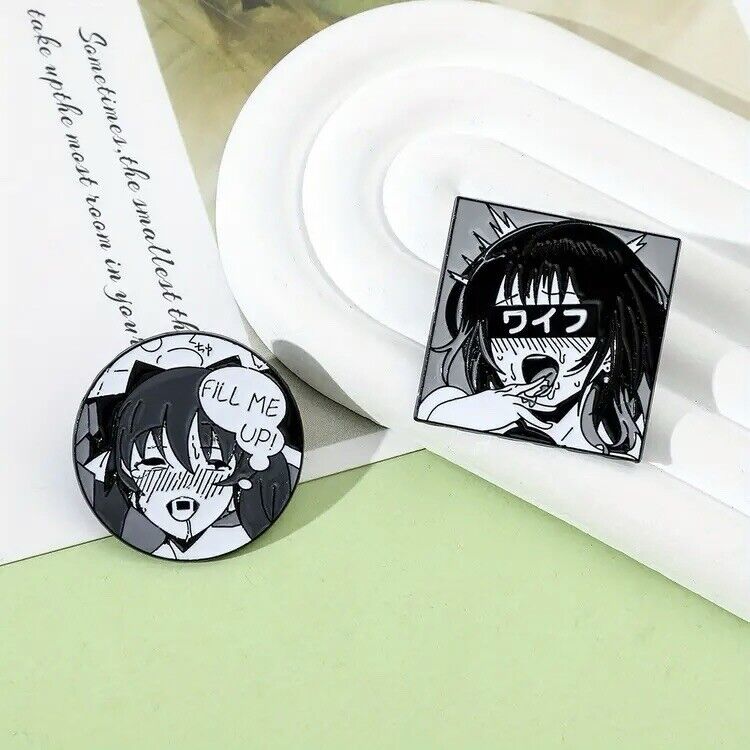 Sexy Anime Girl Set Of 2 Enamel Pins - Ahegao Face, Fill Me Up, Adult Hentai