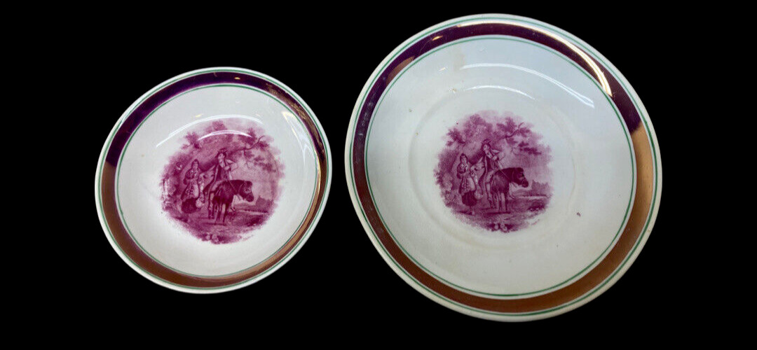 Antique c.1830s Staffordshire Pink Lusterware Scene 2 pc. Saucers Plate