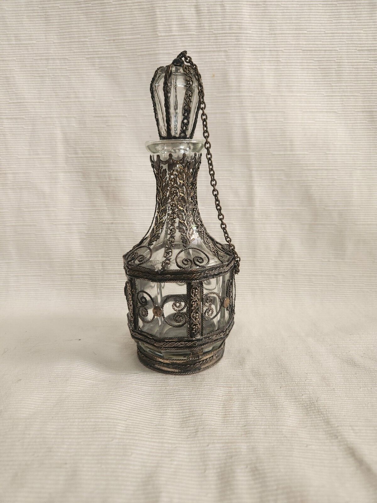 antique glass carafe decanter encased silver filigree leaves acorns 